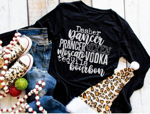 Dasher, Dancer, Moscato, vodka, tequila- funny Christmas short sleeve shirt
