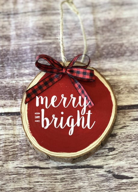 Christmas ornament, merry and bright, wood ornament, rustic christmas, buffalo plaid, secret santa, houswarming gift, boss gift, tree decor