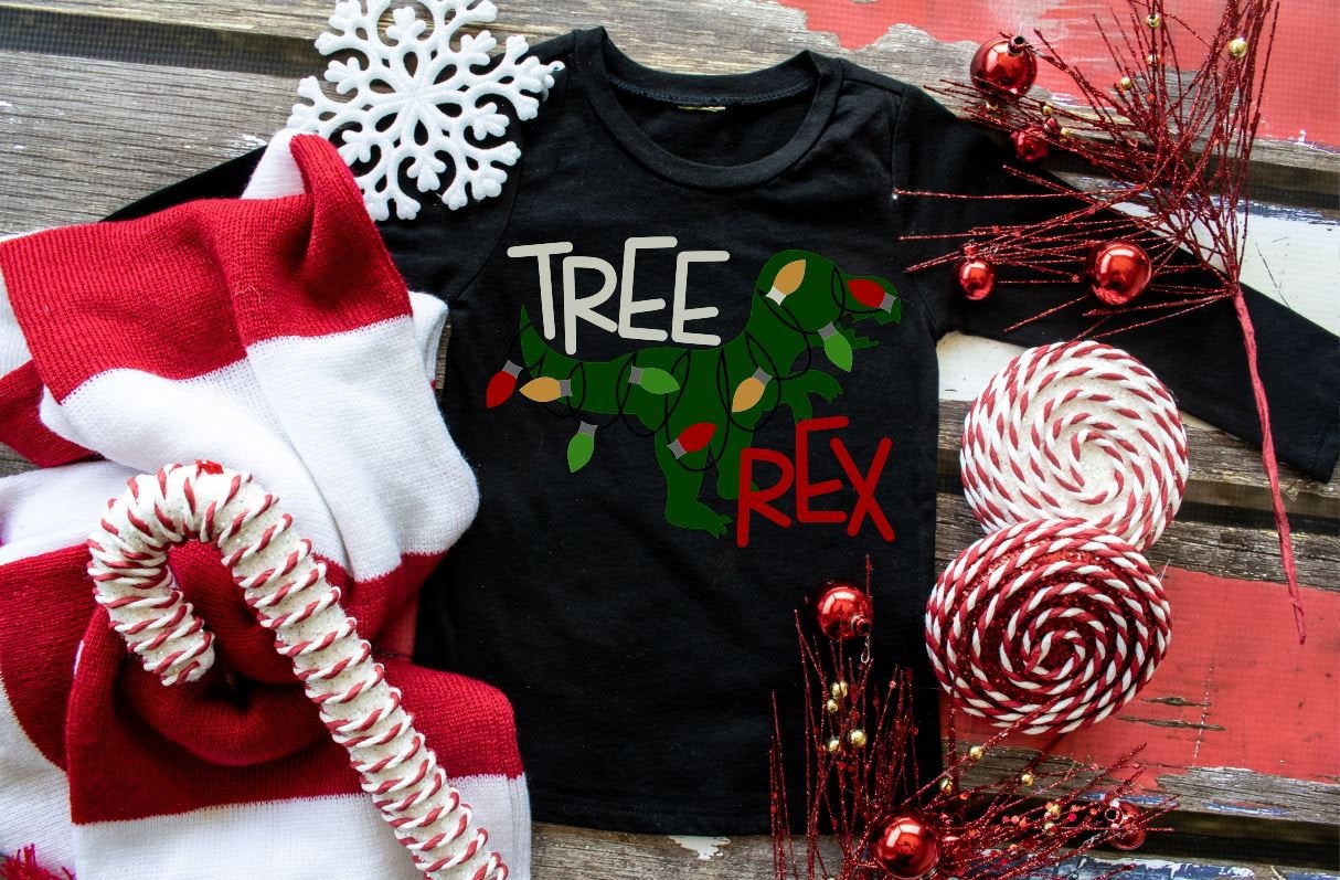 T-rex shirt, dinosaur christmas shirt, dino tees, kids funny christmas shirt, rawr, santa tee, funny holiday shirt, christmas lights tee