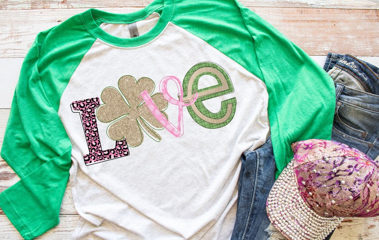 St Patricks day shirt, Love tee, Womens raglan, mom shirt, shamrock shirt, St Paddys day, womens green shirt, leprechaun tee, St pattys day