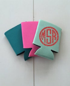 monogram can hugger, glitter monogram can cooler, vine monogram, circle monogram, bachlorette party favors, wedding favors, BBQ coolers