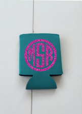 monogram can hugger, glitter monogram can cooler, vine monogram, circle monogram, bachlorette party favors, wedding favors, BBQ coolers
