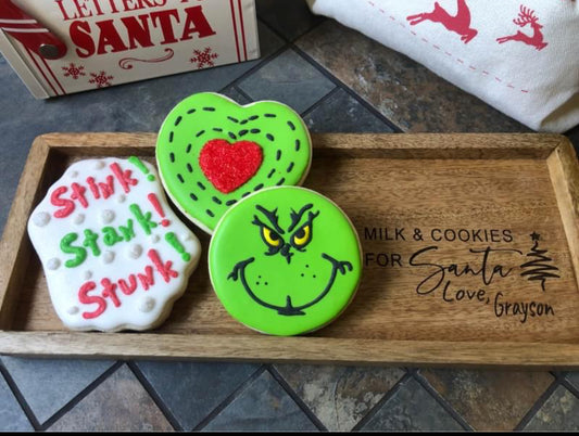 Grinch cookies (Honeycomb makery) and personalized Santa tray