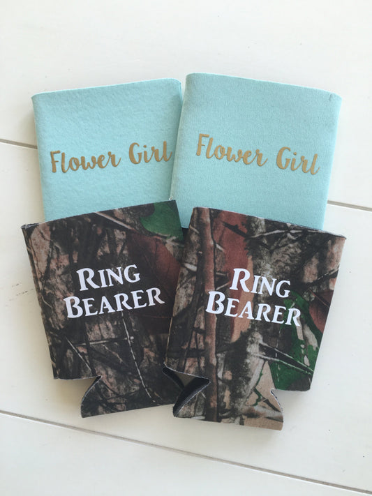Flower girl can cooler, flower girl gift, ring bearer gift, personalized can cooler, bridal party favor, simple can hugger, camo cooler