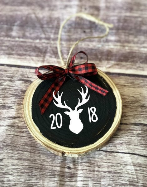 Deer ornament, christmas ornament, gift for hunter, antlers, rustic christmas, wood ornaments, tree decor, wood slice, buffalo plaid, woodsy