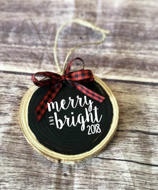 Christmas ornament, merry and bright, wood ornament, rustic christmas, buffalo plaid, secret santa, houswarming gift, boss gift, tree decor