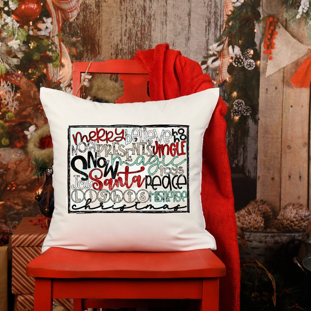 Christmas pillow, decorative pillow, holiday decor, christmas words, holiday pillow, couch pillow, 16x16 pillow, pillowcase, pillow cover