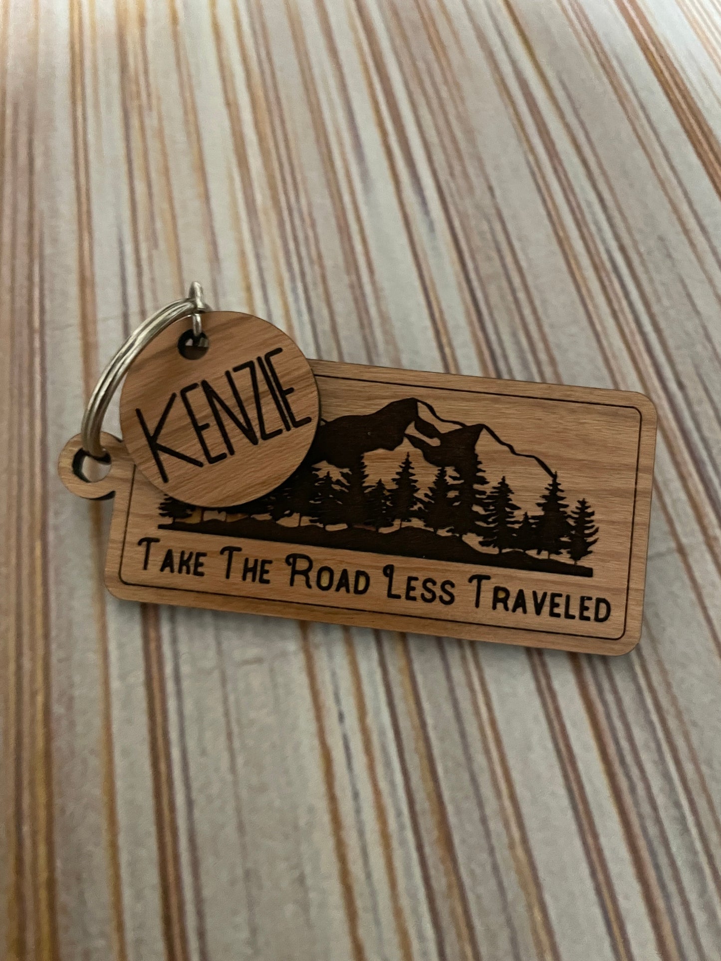 Take the road less traveled wood engraved keychain w/name