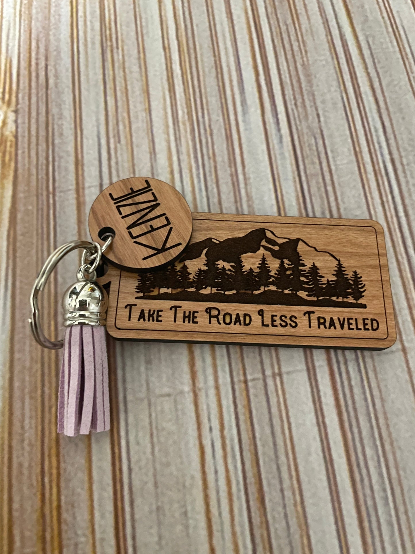 Take the road less traveled wood engraved keychain w/name