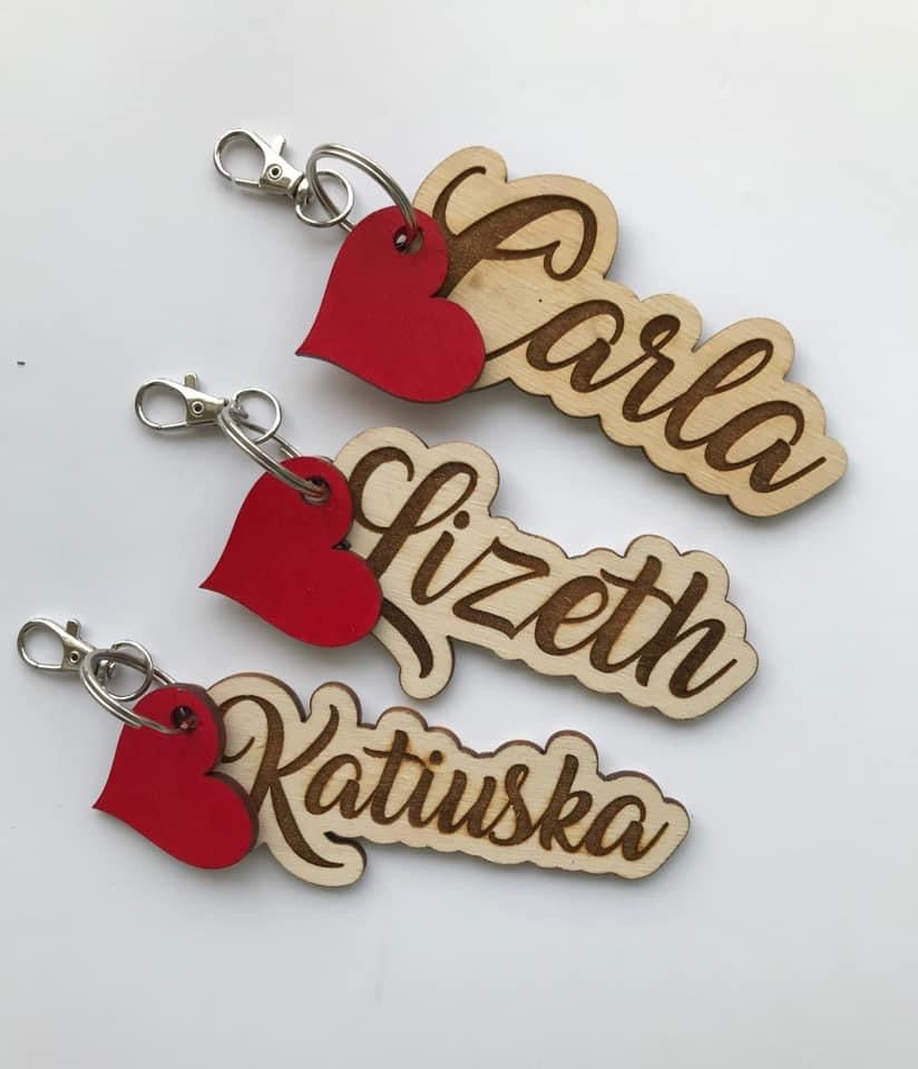Wood name keychain with heart